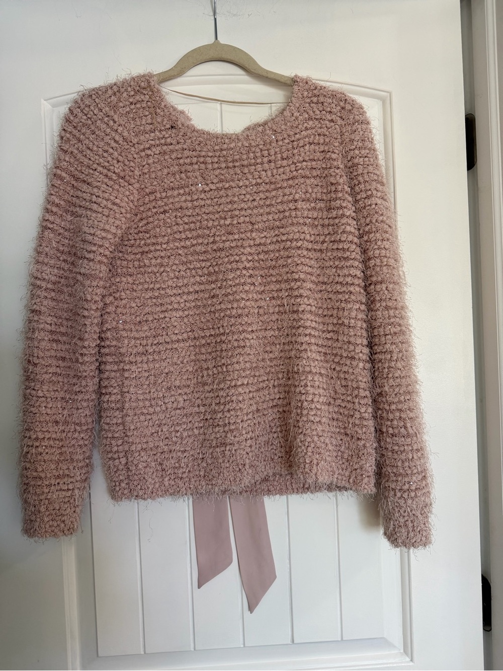 Jennifer Lopez Blush Pink Soft Fuzzy w some understated shine Sweater w back tie